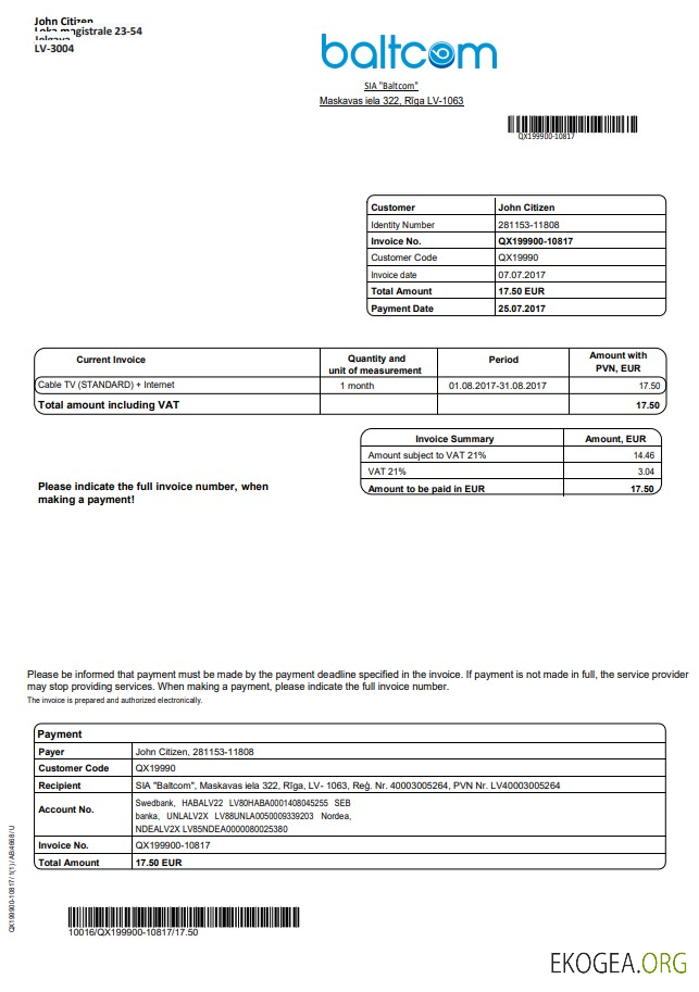 Latvia Baltcom telecommunications utility bill template in Word and PDF format (English version)